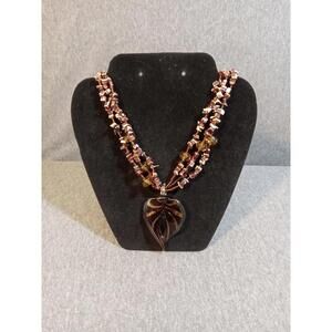 Boho Multi Strand Beaded Necklace Brown Leaf Pendant Glass Resin Shell Beads